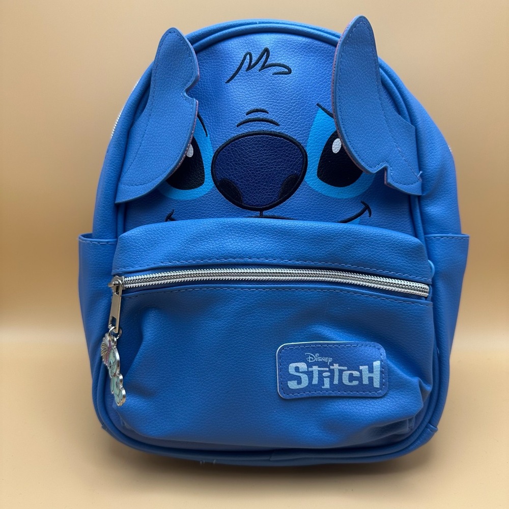 Disney Stitch Mini Backpack Blue Faux Leather 3D Ears Zipper Charm 10.5"